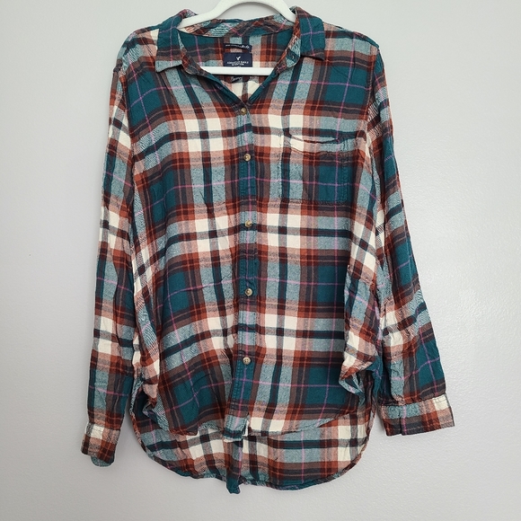 American Eagle Outfitters Tops - American Eagle Teal Brown Pink Off-white Plaid Flannel Soft Boyfriend Fit XL